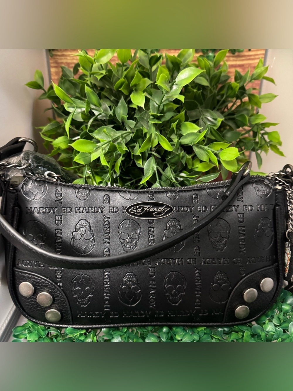 New Ed Hardy Black Embossed Skull Chain Shoulder Bag